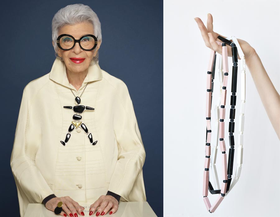 Iris Apfel porte un pendentif Be Bold Over représentant une silhouette désarticulée en porcelaine dessinée pour Bernardaud. Ensemble de sautoirs en porcelaine.